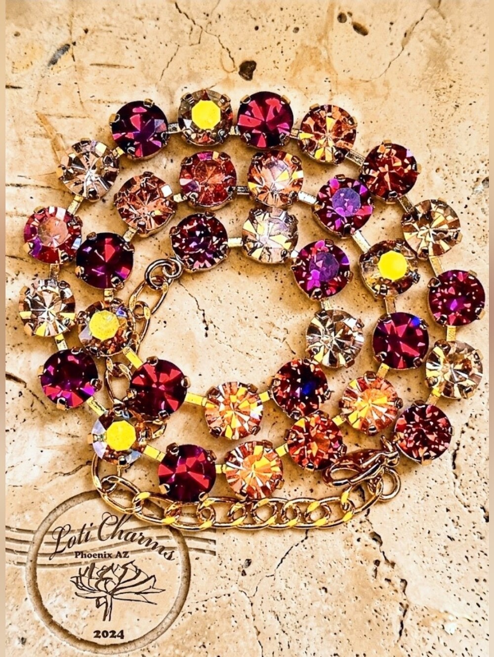 Luscious Hot Fuchsia & Apricot Premium Crystal in Classic Gold Plated Necklace